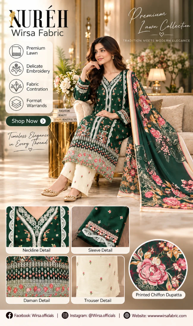 A promotional catalog image for Nuréh Wirsa Fabric featuring a dark green and cream floral printed salwar suit set. The image includes a model wearing the suit, close-up detail panels of the neckline, sleeve, daman, trouser, and printed dupatta, and text highlighting fabric features like delicate embroidery and fabric contraction.