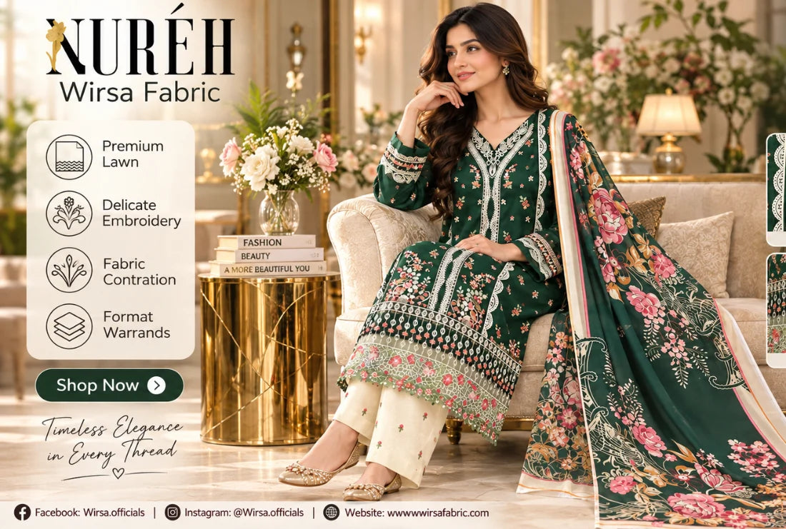 A woman models a dark green embroidered traditional outfit with floral print and white pants in an elegant indoor setting. The image includes promotional text for Nuréh Wirsa Fabric, product feature icons, and social media details.