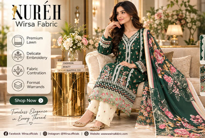 A woman models a dark green embroidered traditional outfit with floral print and white pants in an elegant indoor setting. The image includes promotional text for Nuréh Wirsa Fabric, product feature icons, and social media details.