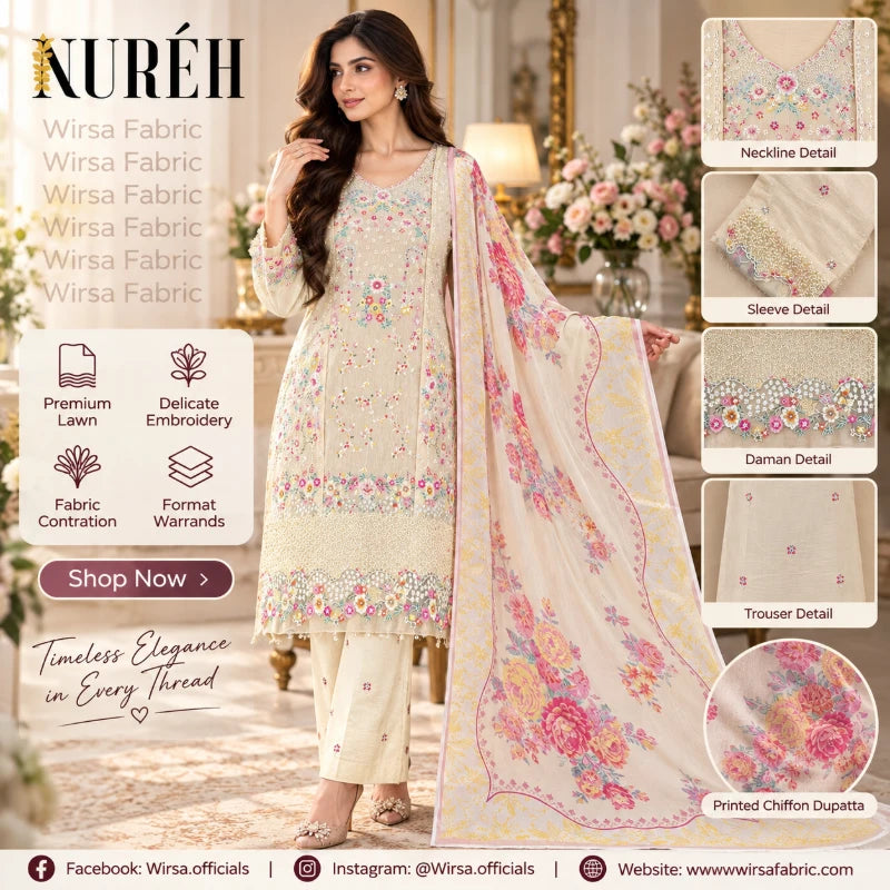 A woman models a traditional three-piece salwar kameez suit set with a floral printed dupatta. The set features a cream-colored embroidered kurta and matching trousers with pink and multicolor floral patterns, shown alongside detail zoom-in callouts on the right.