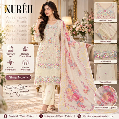 A woman models a traditional three-piece salwar kameez suit set with a floral printed dupatta. The set features a cream-colored embroidered kurta and matching trousers with pink and multicolor floral patterns, shown alongside detail zoom-in callouts on the right.