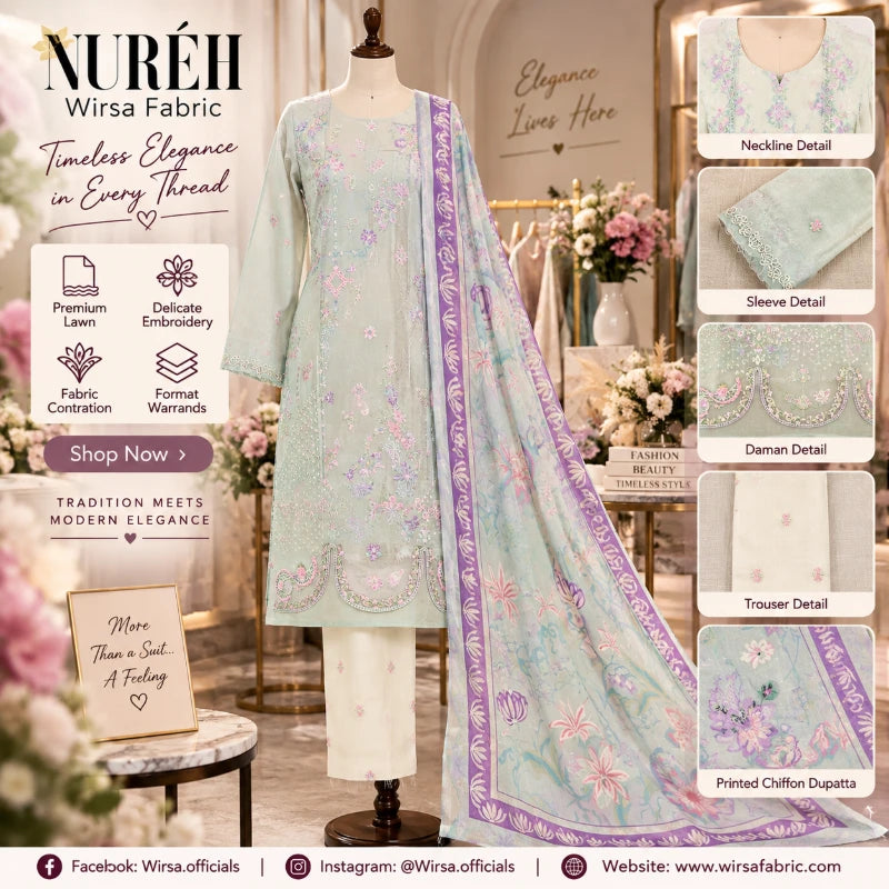 A promotional catalog image for a Nureh Wirs fabric traditional salwar kameez set. The set features a light mint green kurta with pink and purple floral embroidery, a matching printed dupatta, and white trousers.