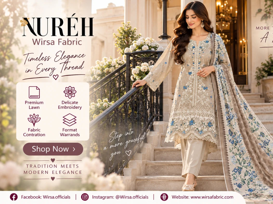 A woman models a traditional embroidered outfit on outdoor stone steps, with large promotional text and social media details for Nuréh Wirsa Fabric overlaid on the image.