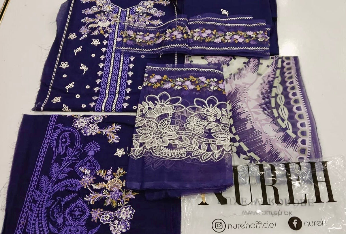 Nureh Riaz Arts Luxury Embroidered 3pc - Design 4 - Unstitched 3Pc - wirsa fabric