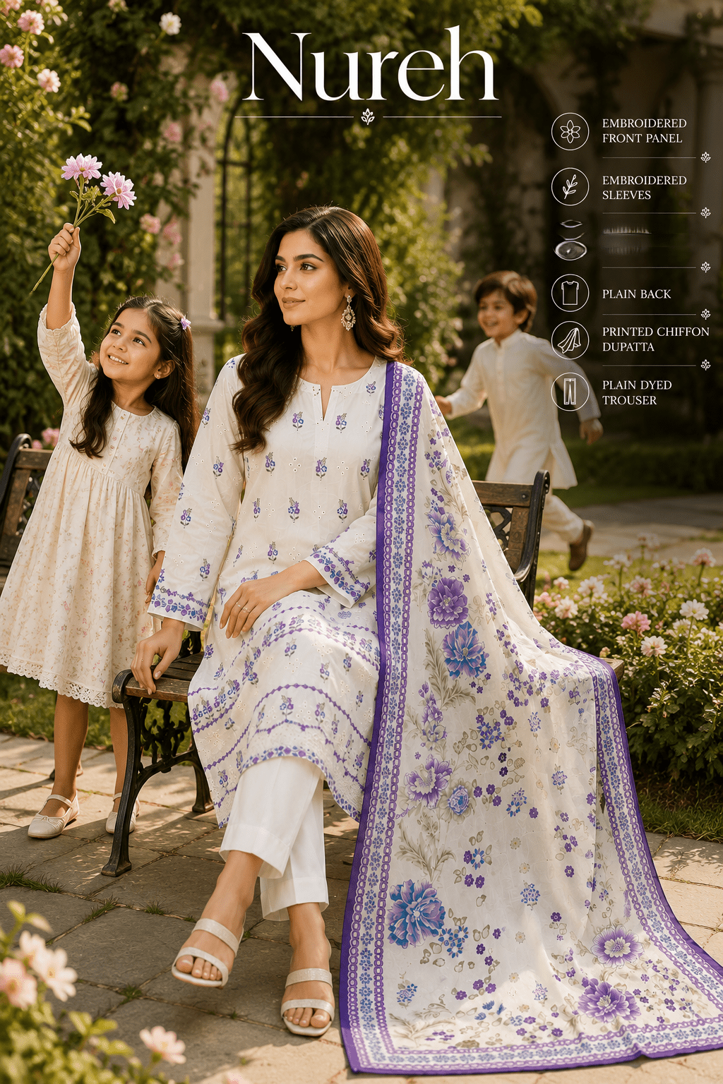 Nureh Riaz Arts Luxury Embroidered 3pc - Design 17 - Unstitched 3Pc - wirsa fabric