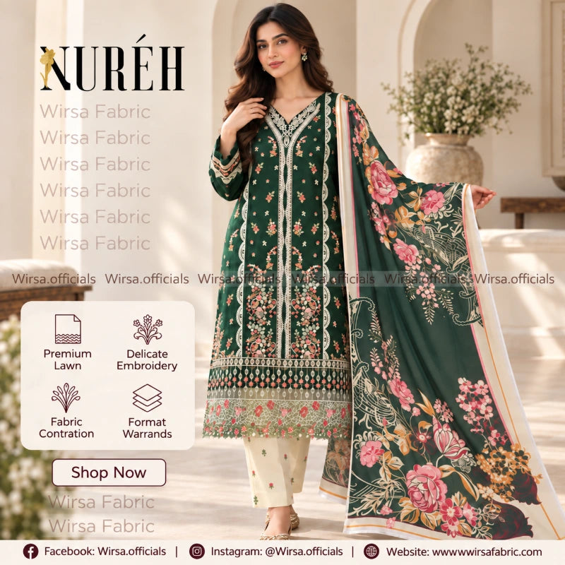A woman models a green 3-piece salwar kameez suit set with floral embroidery and a matching printed dupatta. The set includes a deep green kurta with intricate gold and multicolor embroidery, cream pants, and a dark green dupatta with large pink and red floral prints.