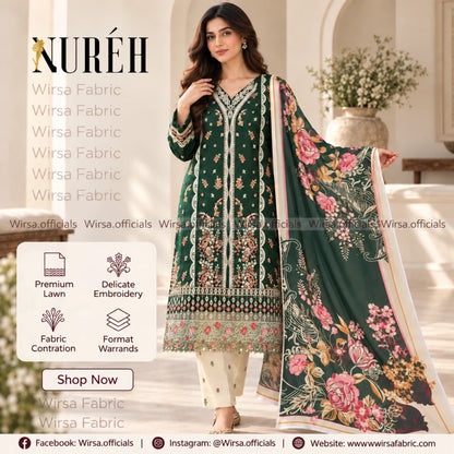 A woman models a green 3-piece salwar kameez suit set with floral embroidery and a matching printed dupatta. The set includes a deep green kurta with intricate gold and multicolor embroidery, cream pants, and a dark green dupatta with large pink and red floral prints.