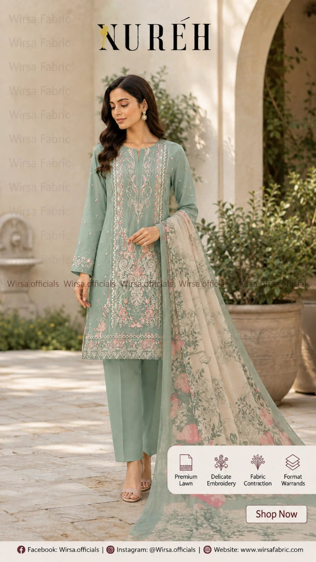 A woman models a mint green ethnic salwar kameez suit with pink floral embroidery and a matching sheer dupatta in an outdoor courtyard setting. The brand name 'NURÉH' is displayed at the top.