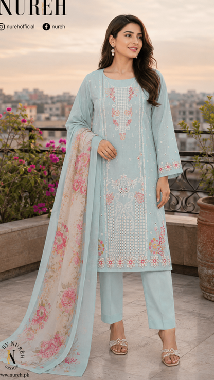 Nureh Riaz Arts Luxury Embroidered 3pc - Design 26 - Unstitched 3Pc - wirsa fabric