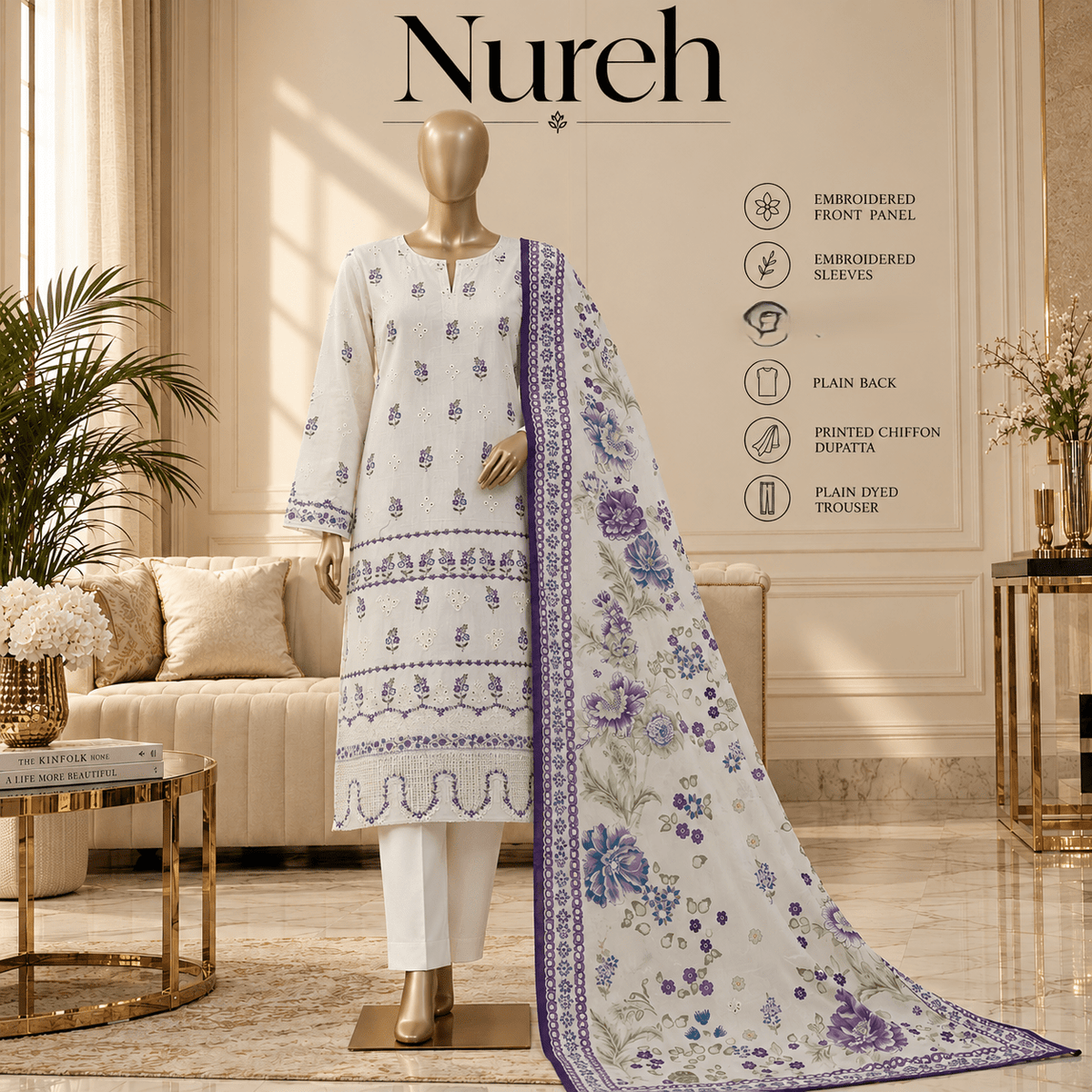 Nureh Riaz Arts Luxury Embroidered 3pc - Design 17 - Unstitched 3Pc - wirsa fabric