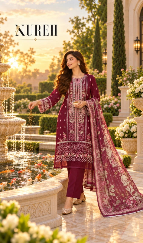 A woman models a deep maroon ethnic three-piece suit with intricate gold embroidery and a matching dupatta in an outdoor garden setting at sunset. The brand name 'NUREH' is displayed in the top left corner.