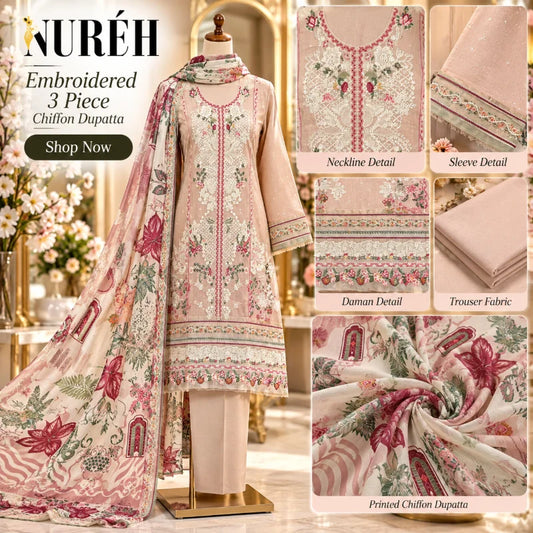 Nureh Karandi Embroidered Suite Design 6 – front view of embroidered 3-piece unstitched suit with chiffon dupatta, neckline, sleeve, daman and fabric detail
