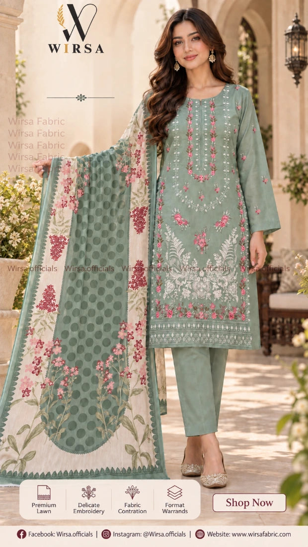 A woman models a three-piece mint green ethnic suit set with floral embroidery and a matching printed dupatta, set against an outdoor courtyard background. The brand name 'WIRSA' is visible at the top.