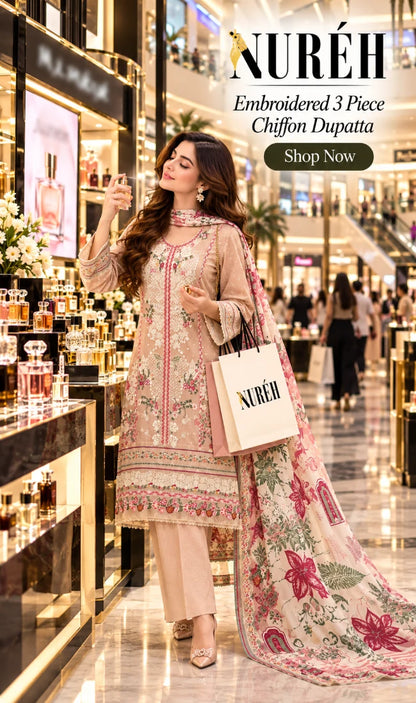 Model wearing Nureh Karandi Embroidered Suite Design 6, pink embroidered 3-piece suit with printed chiffon dupatta