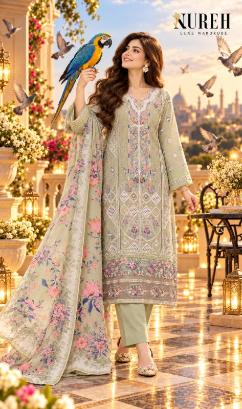 A woman models a three-piece embroidered ethnic suit from Nureh Luxury Wardrobe. The suit consists of a light sage green kurta with intricate multicolor floral embroidery, matching green trousers, and a sheer floral dupatta.