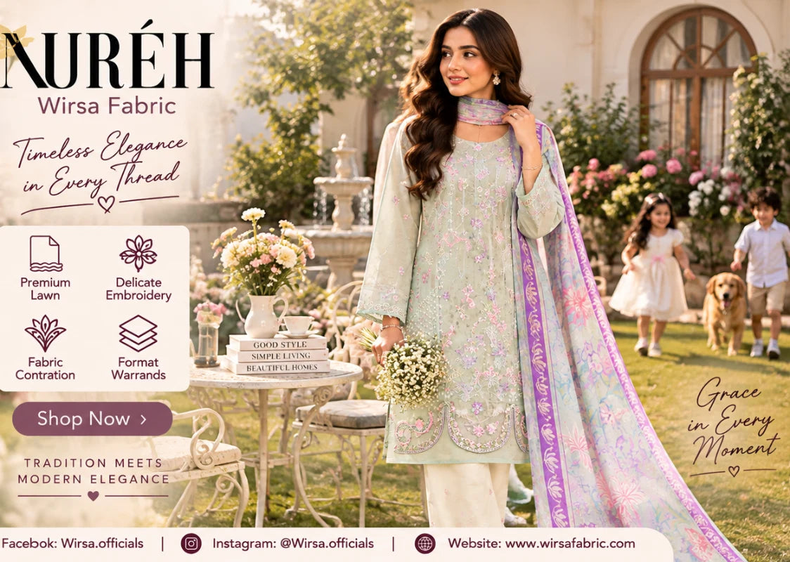 A woman modeling a pale mint green embroidered kurta set with a lavender patterned dupatta in an outdoor garden setting. The image includes promotional text for 'NURÉH Wirsa Fabric' and feature icons on the left.