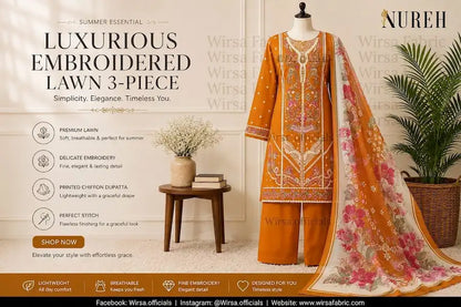 "Nureh luxury embroidered lawn 3-piece suit in mustard orange with printed chiffon dupatta - Wirsa Fabric"