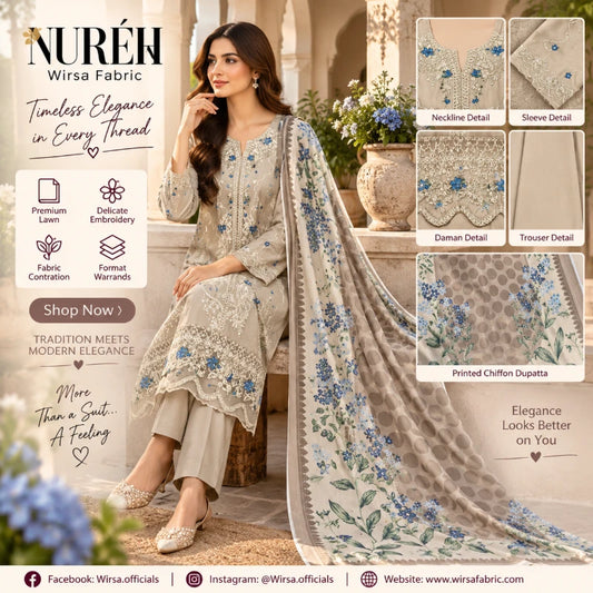 A promotional catalog image for NURÉH Wirsa Fabric showing a woman modeling a beige embroidered ethnic suit with a matching printed dupatta. The image includes close-up detail callouts of the neckline, sleeve, damask, trouser, and printed chiffon dupatta, along with marketing text and social media details.