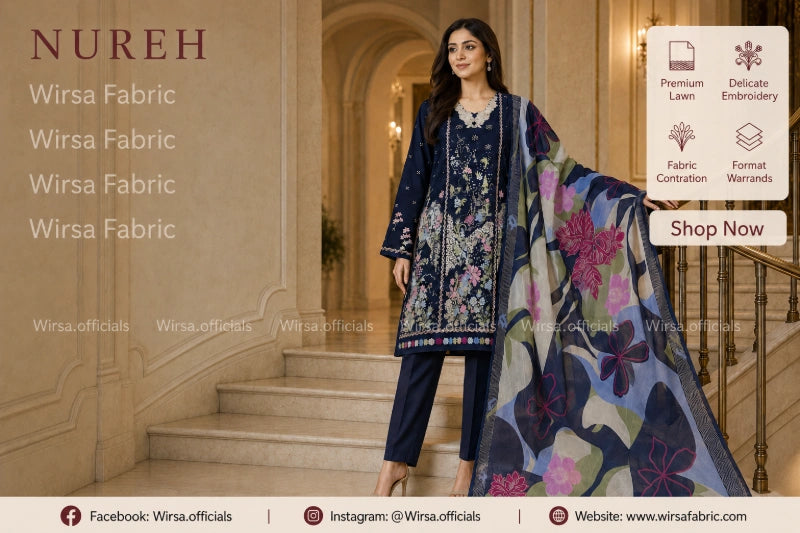 Nureh Riaz Arts Design 37 Unstitched 3pc Suit - Embroidered Sleeves and Hem Border | Wirsa Fabric

