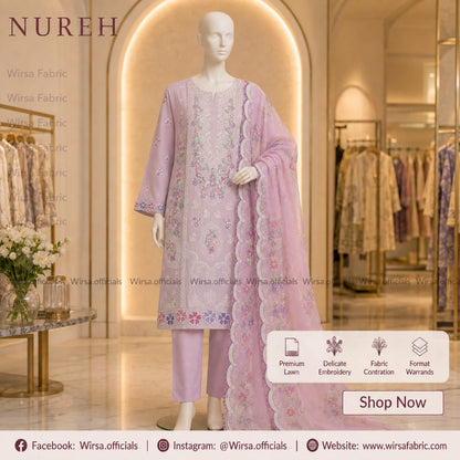 A lavender three-piece women's suit with floral embroidery and a matching dupatta displayed on a mannequin in a boutique setting. The image includes brand text 'NUREH' and 'Wirs Fabric' along with feature callouts and a 'Shop Now' button.