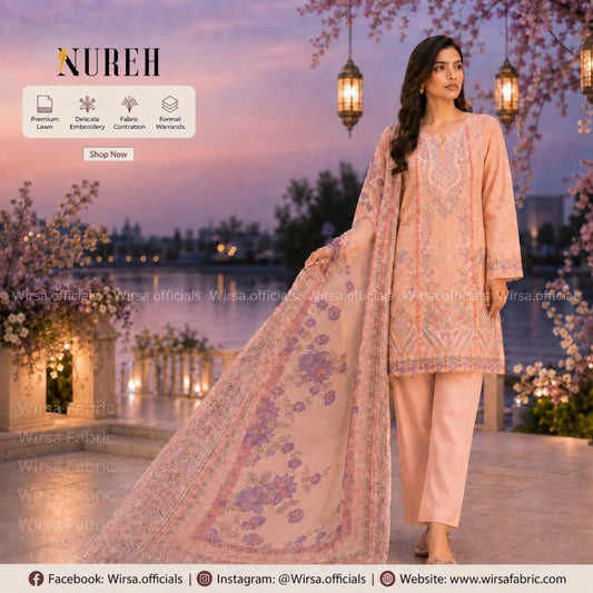 Nureh Riaz Arts Luxury Lawn Design 38 - Full Suit View with Plain Dyed Trouser and Printed Dupatta | Wirsa Fabric
