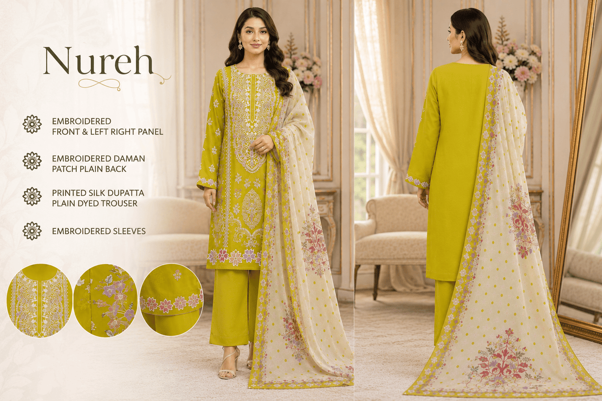 Nureh Riaz Arts Luxury Embroidered 3pc - Design 15 - Unstitched 3Pc - wirsa fabric