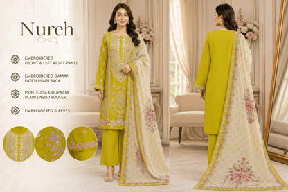 Nureh Riaz Arts Luxury Embroidered 3pc - Design 15 - Unstitched 3Pc - wirsa fabric
