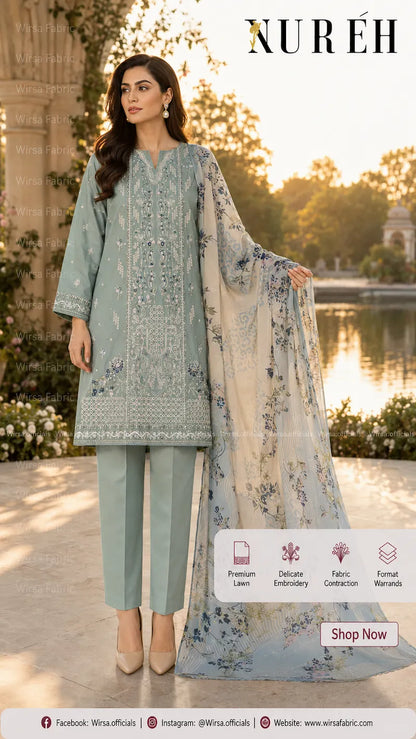 A woman models a three-piece light blue traditional outfit with matching trousers and a sheer floral dupatta, set against an outdoor garden background at sunset. The brand name 'NURÉH' is displayed at the top.