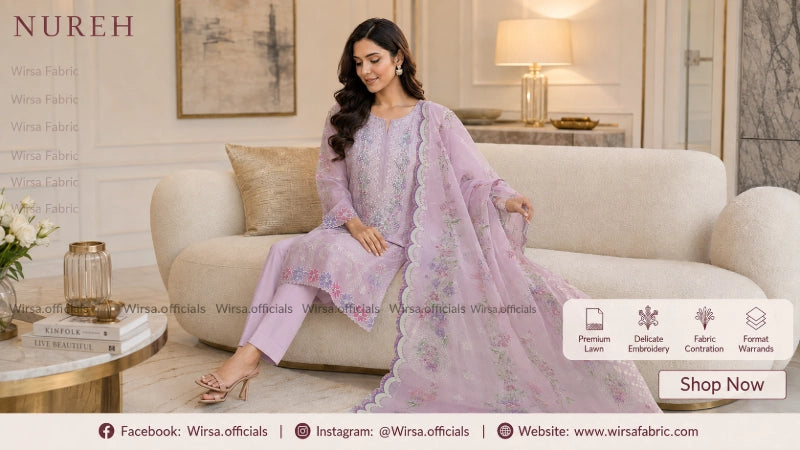 A woman models a light lavender pink ethnic three-piece suit with floral embroidery and a matching dupatta in a beautifully decorated living room. The brand name 'NUREH' is visible in the top left corner, and promotional text overlays are present on the sides.