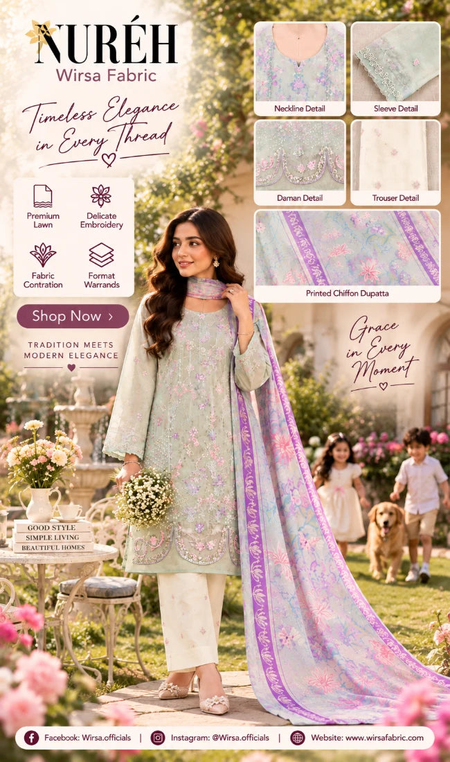A promotional fabric and outfit listing for NURÉH Wirsa Fabric, showing a woman outdoors wearing a light sage green embroidered kurta with white pants and a long lavender patterned dupatta. The ad includes detail callouts of the kurta and dupatta, social media and website text, and a garden scene in the background.