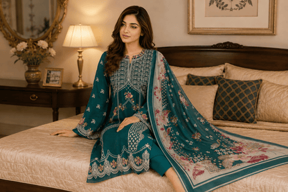 Nureh Riaz Arts Luxury Embroidered 3pc - Design 31 - Unstitched 3Pc - wirsa fabric