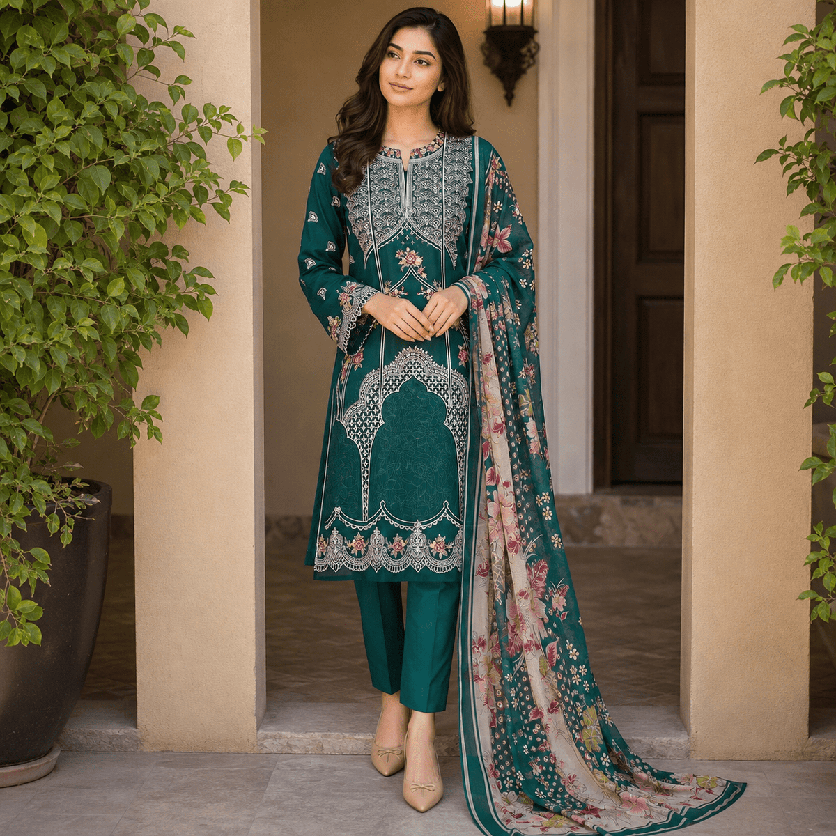 Nureh Riaz Arts Luxury Embroidered 3pc - Design 31 - Unstitched 3Pc - wirsa fabric