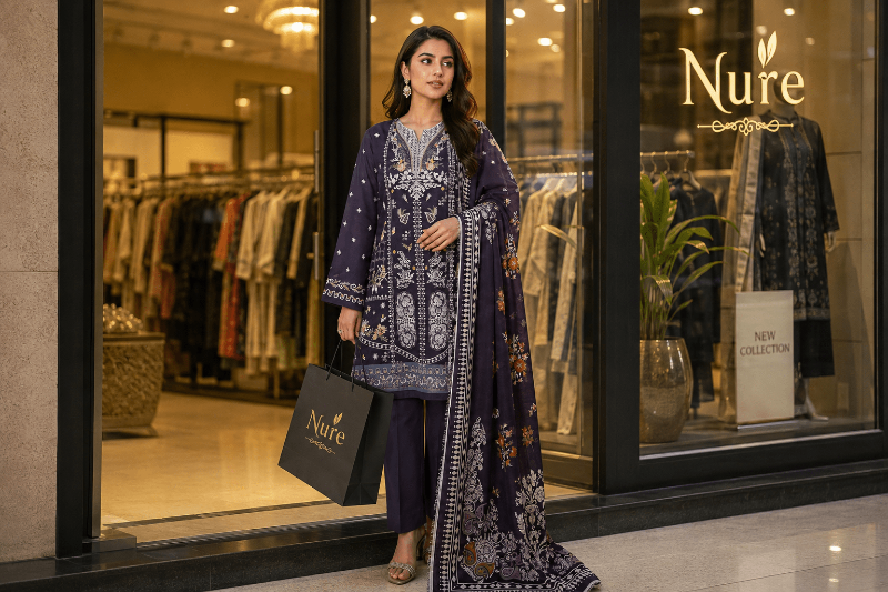 Nureh Riaz Arts Luxury Embroidered 3pc - Design 30 - Unstitched 3Pc - wirsa fabric