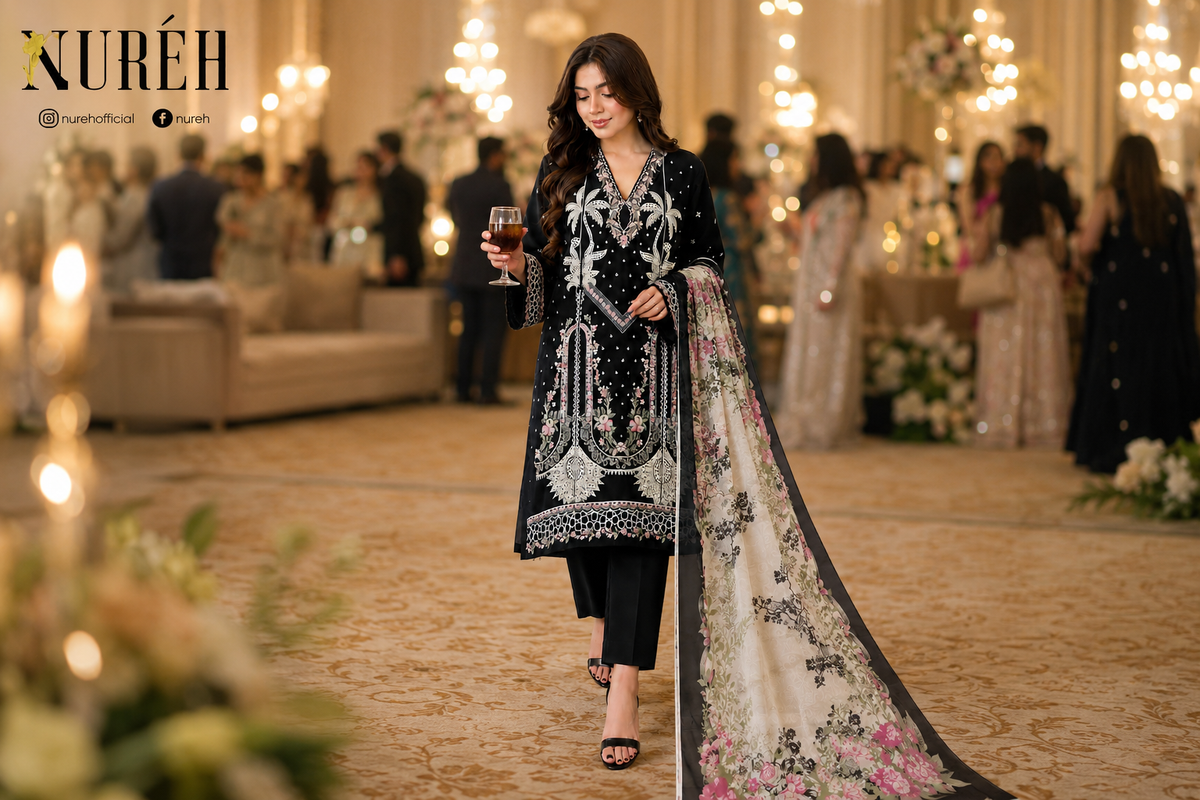 A woman walks down a grand indoor hallway wearing a black embellished kurta with silver embroidery, black trousers, and a long beige printed dupatta with floral patterns. The Nuréh brand logo is visible in the top left corner.