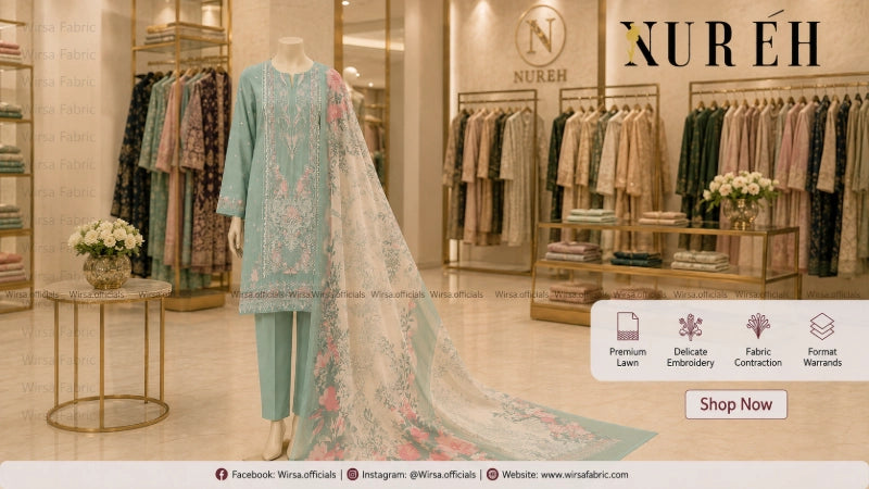 A mannequin in a boutique displays a three-piece women's outfit set: a light blue kurta with pink floral embroidery, matching blue trousers, and a sheer white dupatta with pink floral patterns. The background shows a clothing store interior with racks of garments and the brand name 'NURĀH' on the wall.