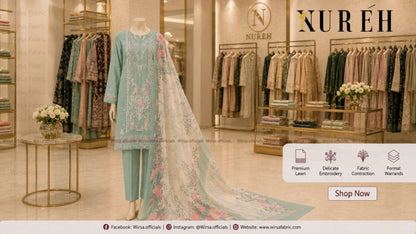A mannequin in a boutique displays a three-piece women's outfit set: a light blue kurta with pink floral embroidery, matching blue trousers, and a sheer white dupatta with pink floral patterns. The background shows a clothing store interior with racks of garments and the brand name 'NURĀH' on the wall.