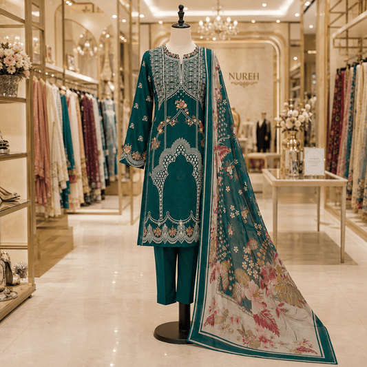 Nureh Riaz Arts Luxury Embroidered 3pc - Design 31 - Unstitched 3Pc - wirsa fabric
