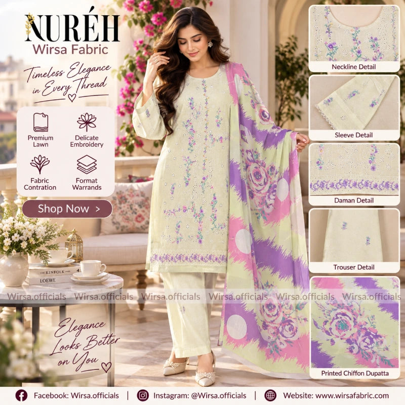 A woman models a light beige/cream traditional South Asian salwar kameez set with floral embroidery and a matching printed dupatta. The image includes close-up detail callouts of the neckline, sleeve, daman, trouser, and printed chiffon dupatta, along with brand text 'NURÉH Wirsa Fabric' and promotional text on a styled indoor background.