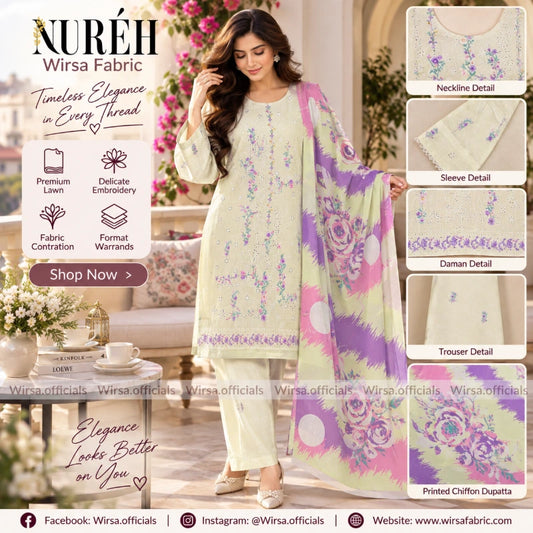 A woman models a light beige/cream traditional South Asian salwar kameez set with floral embroidery and a matching printed dupatta. The image includes close-up detail callouts of the neckline, sleeve, daman, trouser, and printed chiffon dupatta, along with brand text 'NURÉH Wirsa Fabric' and promotional text on a styled indoor background.