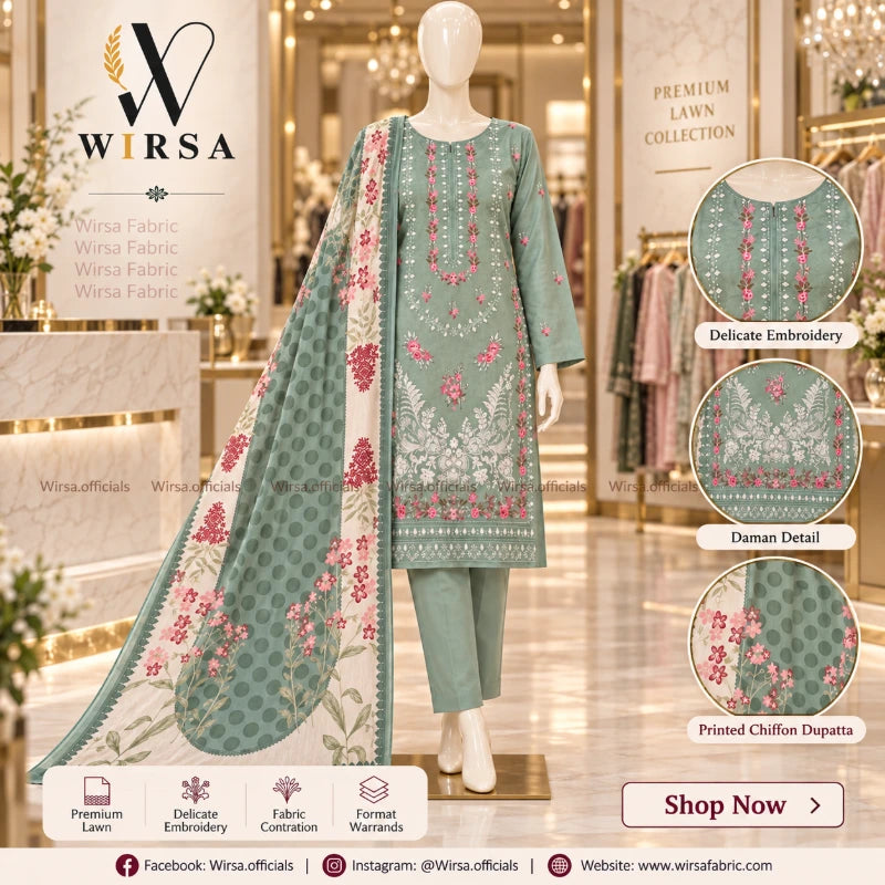 A three-piece women's salwar kameez suit set in sage green by WIRSA, featuring a printed chiffon dupatta with pink floral motifs, displayed on a mannequin in a boutique setting with detail callouts.