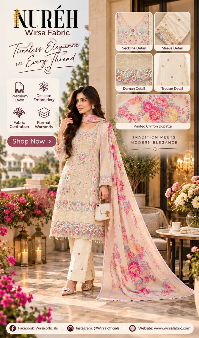 A woman models a traditional South Asian salwar kameez set by Nuréh Wirs Fabric, featuring a light beige kurta with colorful floral embroidery, matching beige trousers, and a sheer pink dupatta with floral prints. The image is a promotional graphic with product detail callouts and brand text.