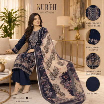 Nureh Riaz Arts Luxury Embroidered 3pc - Design 29 - Unstitched 3Pc - wirsa fabric