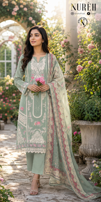 Nureh Riaz Arts Luxury Embroidered 3pc - Design 28 - Unstitched 3Pc - wirsa fabric