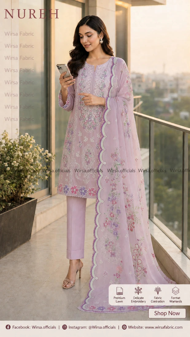 A woman models a light purple/lavender embroidered ethnic suit set with matching pants and a long sheer dupatta draped over a balcony. The set features floral embroidery and scalloped edges.