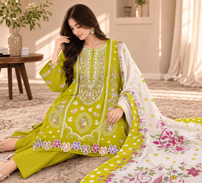 Nureh Riaz Arts Luxury Embroidered 3pc - Design 15 - Unstitched 3Pc - wirsa fabric